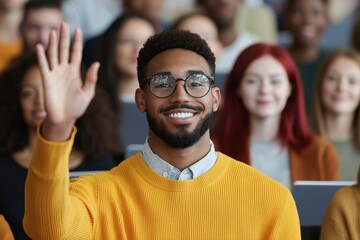 Obraz premium Happy Young Man Raising Hand in Classroom Full of Engaged Students
