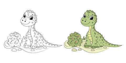 Cute funny dinosaur, children's illustration in flat cartoon style. Perfect for children's educational and play projects, coloring book, print, greeting card