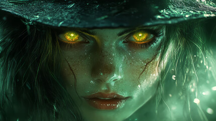 Witch-like figure with glowing green eyes, enveloped in an eerie and mystical atmosphere,  Generative AI