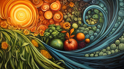 Abstract painting showcasing a vibrant landscape of produce and swirling cosmos