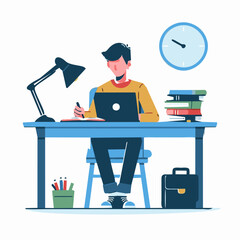 Flat vector of a student studying at a desk with books and a laptop. Clean and minimal design with solid colors. Perfect for education, e-learning, or academic content.