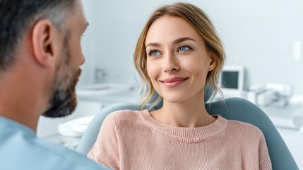 Obraz premium A woman smiles happily as she looks at her dentist during a dental appointment for checkup.