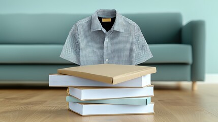 Shirt is stacked on books. Couch on the background, light and soft aesthetic