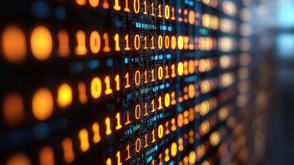 Obraz premium Digital binary code background with orange and blue glowing numbers.