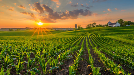 Scenic Iowa Farm with Young Corn Fields at Sunset - Agricultural Landscape Photography