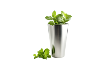 Fresh mint leaves in a silver julep cup against a trasparent background