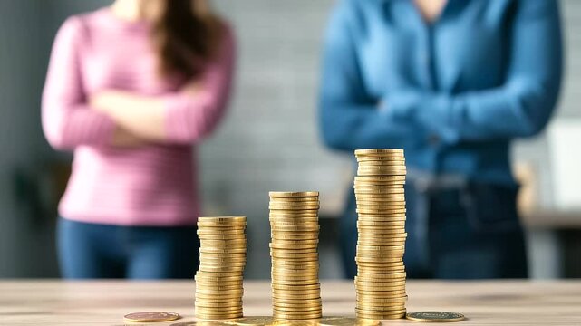 A symbolic infographic-style image showing average income differences between men and women, represented through bar graphs made of stacked gold coins