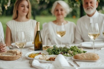 Elegant Outdoor Dinner Party with Friends and Gourmet Dishes