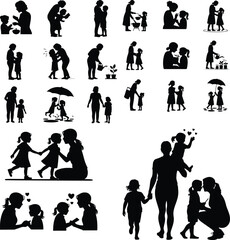 Mom and Daughter Silhouette | Outline Sketch Vector Set Mother and Child Love Outline | Silhouette Line Art Collection