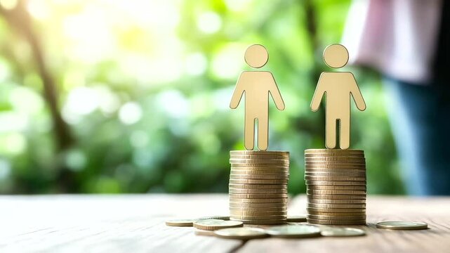 A symbolic representation of the gender pay gap featuring two human-shaped figures, one male and one female, standing on separate stacks of coins