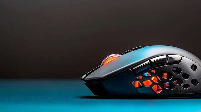 Sleek computer peripheral with honeycomb pattern and glowing accent colors on a blue surface - Powered by Adobe
