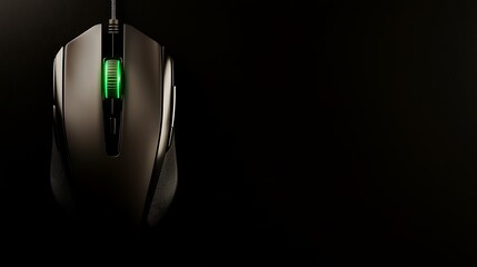 Sleek, grey computer mouse with illuminated green scroll wheel on a black background