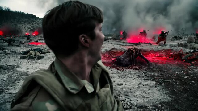 Soldier screams in ashen battlefield where red ectoplasm glows; ghost warfare unchains eerie dread, ghost warfare upends mortal logic, ghost warfare spawns otherworld havoc. Concept spectral terror