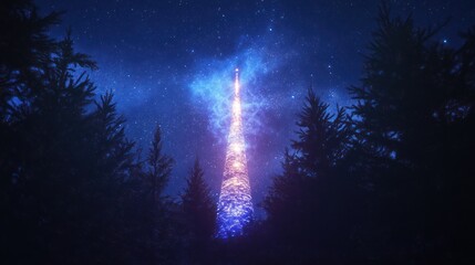 Naklejka premium A brightly lit tower rising towards the beautiful starry night sky