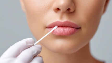 Obraz premium A close-up shows the application of a cotton swab to a woman's pink lips for cosmetic care.