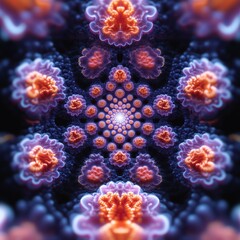 Fototapeta premium Abstract floral pattern with orange and blue hues radiating from a central point.