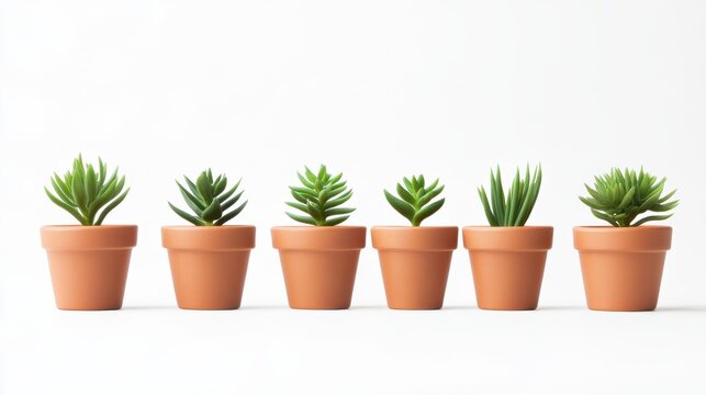 Set of empty small miniature clay flower pots isolated on white background