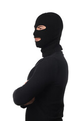 Young man wearing balaclava on white background
