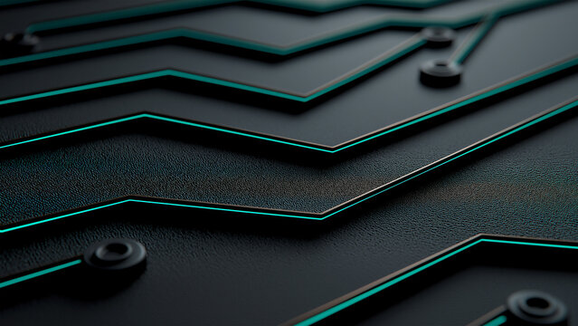 Close-up perspective of a dark gray/black textured surface resembling a stylized circuit board or industrial panel. Sharp-edged, 3D geometric patterns like chevrons with luminous cyan highlights.