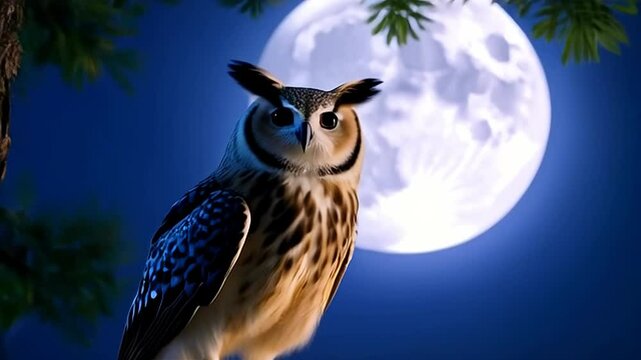Majestic Owl Perched on Branch Underneath a Full Moon at Night