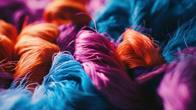 Vividly colored threads intertwined, showcasing vibrant hues and textures