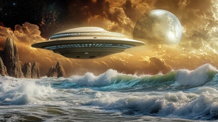 Obraz premium Futuristic spacecraft hovers over a turbulent sea beneath an alien sky landscape
