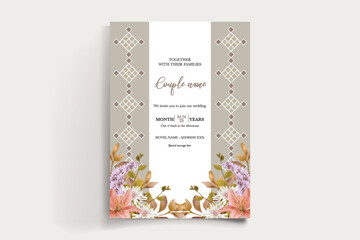 WEDDING INVITATION FRAME WITH FLOWER DECORATIONS AND FRESH LEAVES