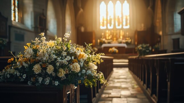 Funeral ceremony in a quiet church with soft lighting and floral tributes.