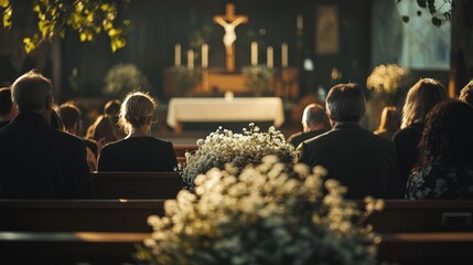 Funeral ceremony with mourners paying respects in a chapel.