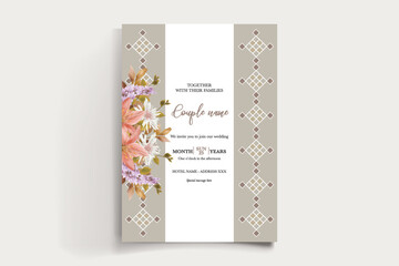 WEDDING INVITATION FRAME WITH FLOWER DECORATIONS AND FRESH LEAVES