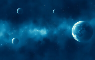 Space painted swirling blue nebula planets and stars. This image is suitable for sci-fi book covers, digital art projects, or space-themed designs.
