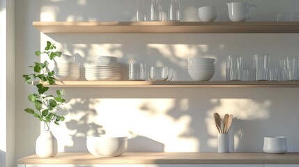 Sunlight streams into a modern kitchen, highlighting clean, minimalist shelving