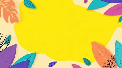 Fototapeta premium Flat vector background with colorful jungle leaves, simple graphic design and bright color palette of yellow, orange, purple, blue and green, perfect for social media post templates.