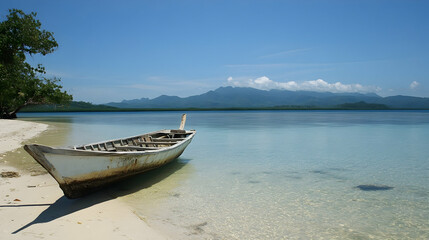 Naklejka premium Serene tropical beach escape featuring traditional fishing boat on pristine sand