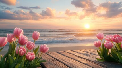 Pink Tulips on Beach Deck at Sunset with Ocean Waves and Pastel Sky in Romantic Coastal Scenery