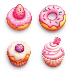 Sweet snack icons: donut, cupcake, ice cream, cookie. Colorful and fun design with transparent background. AI generated image.