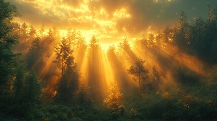 Fototapeta premium Golden Sunlight Piercing Mist-Shrouded Forest at Sunrise