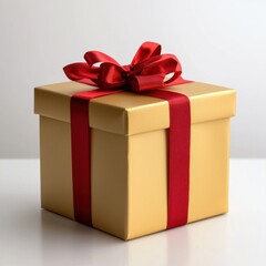Obraz premium Gold Gift Box with Red Ribbon on White Background