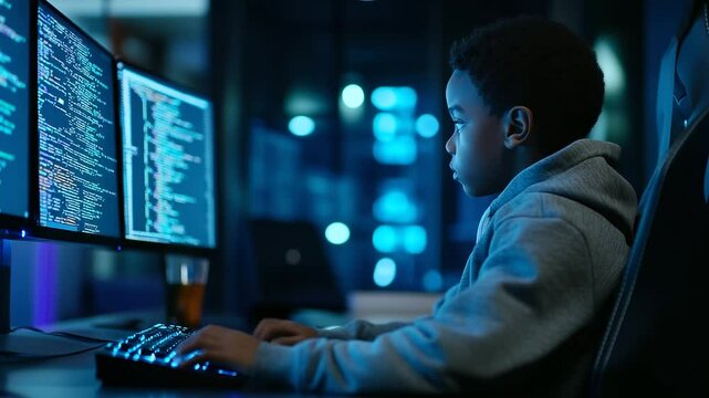 A young African American boy in a hoodie sits at a high-tech workstation with dual monitors, eyes fixed on a programming interface as he learns to code - Powered by Adobe