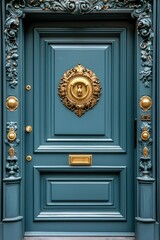 Ornate blue door with golden accents and decorative carvings.