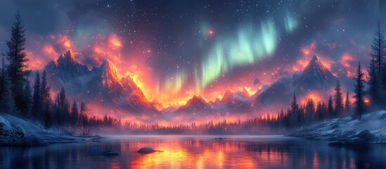 Fiery Aurora Borealis over Snowy Mountain Lake
