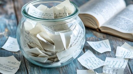 Glass Jar Filled with Handwritten Notes and an Open Book on a Rustic Wooden Table