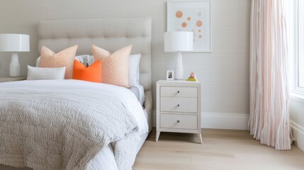 eclectic modern kids room, padded headboard, textured linen curtains, light plaster wall, natural wood floor, soft warm light, clean and cozy