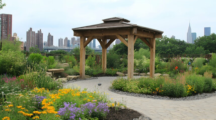 Tranquil urban garden oasis with pergola and cityscape backdrop scenery