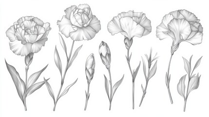 Collection set of carnation flower and leaves drawing illustration.
