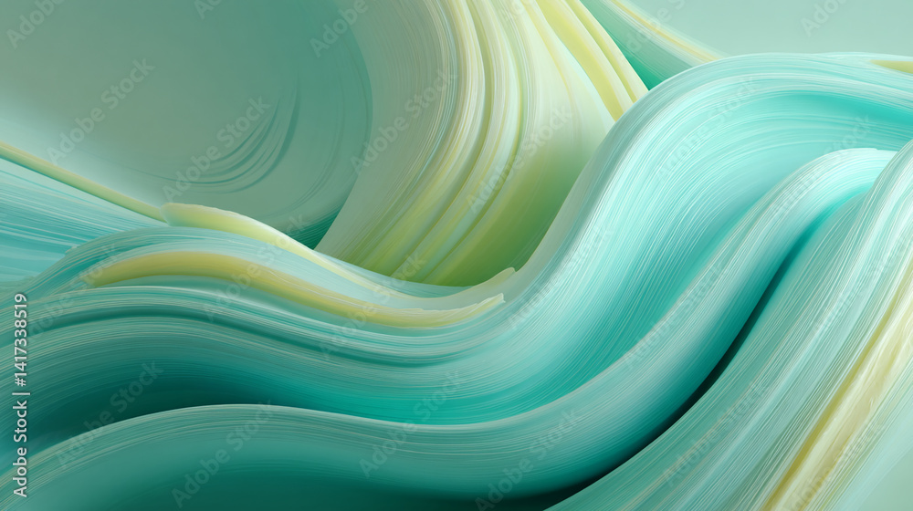 Poster abstract teal and pale yellow waves, creating a smooth, flowing texture suitable as a background or 
