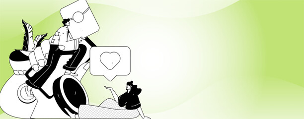 Fototapeta premium Holiday shopping people doing e-commerce online shopping flat vector concept operation hand drawn illustration 