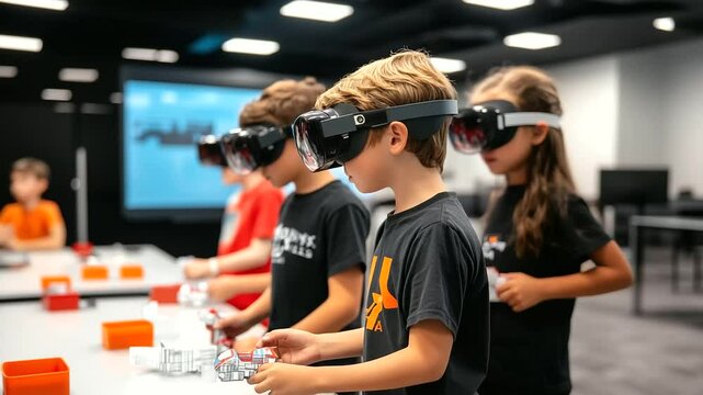 Enthusiastic children with AR headsets engage in a hands-on STEM lesson, building and interacting with virtual engineering blueprints in an innovation lab