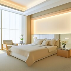 soft bedroom with frosted glass headboard, ceiling light niche, glass bedside table, quiet layout, warm tones, no florals