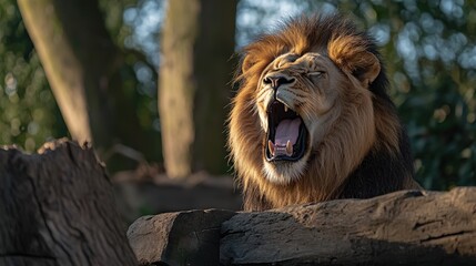 Obraz premium Majestic lion yawning at sunset wildlife sanctuary photography natural habitat close-up animal behavior